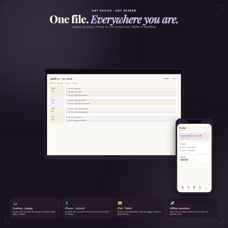 May include: A digital planner displayed on a laptop and smartphone, showing a weekly schedule. The text "One file. Everywhere you are." is at the top. The image also includes the text "April 13-19, 2026".