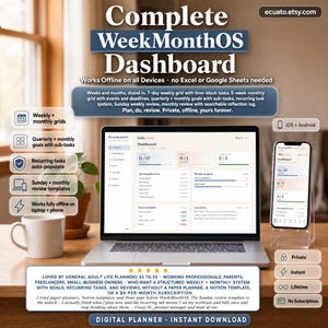 Puede incluir: Un panel de control de planificador digital que se muestra en una computadora portátil y un teléfono inteligente. La pantalla muestra un sistema de planificación semanal y mensual con cuadrículas, objetivos y tareas recurrentes. El texto dice "Complete WeekMonthOS Dashboard".