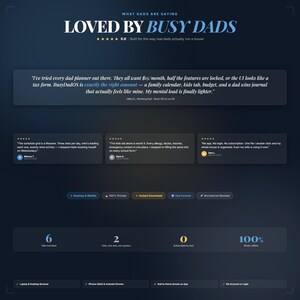 May include: Dark blue webpage design with the text "LOVED BY BUSY DADS" in white and blue. The page includes user reviews, feature descriptions, and icons for desktop and mobile use, instant download, and offline functionality.