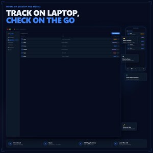 May include: A dark blue digital interface with the text "TRACK ON LAPTOP, CHECK ON THE GO." The interface is displayed on a laptop and a smartphone. The interface includes a list of applications and options to download, open, add applications, and land the job.