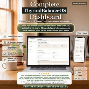 Puede incluir: Una computadora portátil y un teléfono inteligente muestran la interfaz "ThyroidBalanceOS Dashboard". La imagen promociona un planificador digital para la salud de la tiroides, que incluye funciones para el seguimiento de laboratorios, la dieta AIP y el manejo del estrés. El texto describe las funciones de la aplicación.