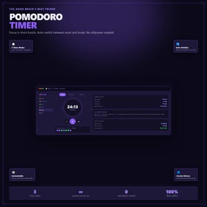 K&ouml;nnte beinhalten: Dunkelviolette digitale Oberfl&auml;che f&uuml;r einen Pomodoro-Timer mit dem Text "POMODORO TIMER" oben. Die Oberfl&auml;che zeigt einen Timer, Einstellungen und andere Optionen an. Der Text "Focus in short bursts. Auto-switch between work and break. No willpower needed." ist ebenfalls sichtbar.