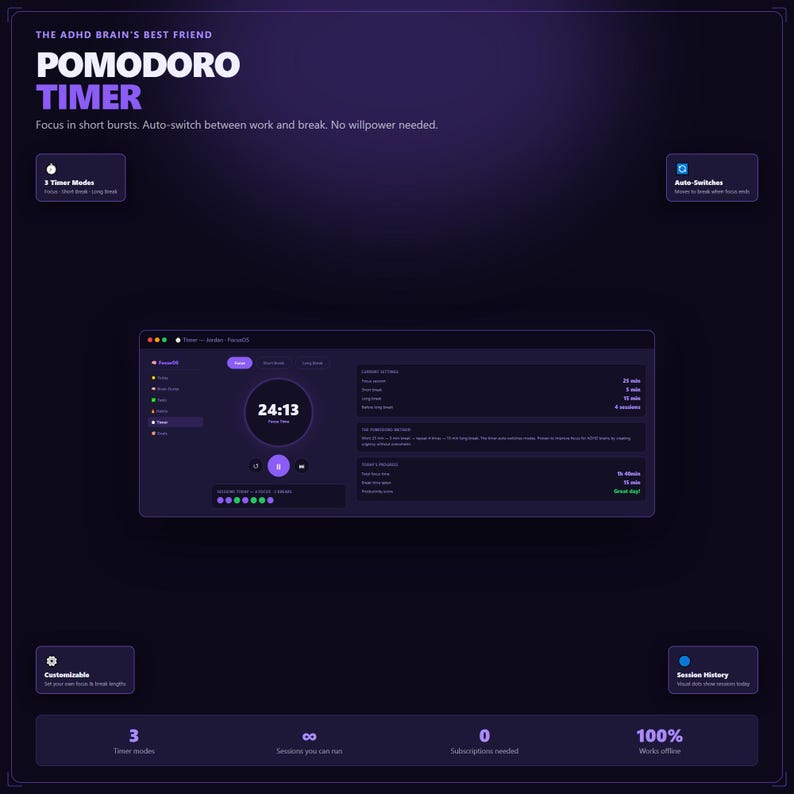 K&ouml;nnte beinhalten: Dunkelviolette digitale Oberfl&auml;che f&uuml;r einen Pomodoro-Timer mit dem Text "POMODORO TIMER" oben. Die Oberfl&auml;che zeigt einen Timer, Einstellungen und andere Optionen an. Der Text "Focus in short bursts. Auto-switch between work and break. No willpower needed." ist ebenfalls sichtbar.