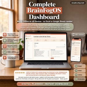 以下が含まれることがあります： ラップトップとスマートフォンに表示された「Complete BrainFogOS Dashboard」というデジタルプランナー。プランナーは、毎日の明瞭度スコア、症状ログ、根本原因チェックリストなど、ブレインフォグ回復のための機能を提供します。「Digital Planner - Instant Download」というテキストが含まれています。