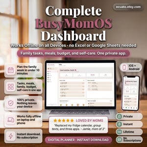 K&ouml;nnte beinhalten: Werbung f&uuml;r einen digitalen Planer, die einen Laptop und ein Smartphone mit einer Dashboard-Oberfl&auml;che zeigt. Der Text bewirbt Funktionen wie Familient&auml;tigkeiten, Mahlzeiten, Budget und Selbstpflege. Das Design enth&auml;lt Symbole und den Satz "Loved by Moms."