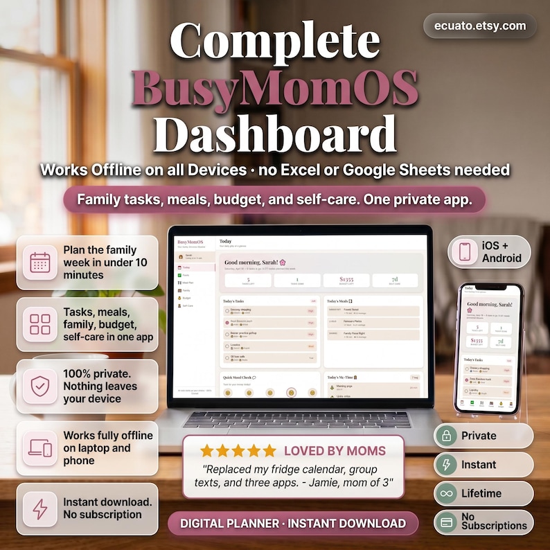 K&ouml;nnte beinhalten: Werbung f&uuml;r einen digitalen Planer, die einen Laptop und ein Smartphone mit einer Dashboard-Oberfl&auml;che zeigt. Der Text bewirbt Funktionen wie Familient&auml;tigkeiten, Mahlzeiten, Budget und Selbstpflege. Das Design enth&auml;lt Symbole und den Satz "Loved by Moms."