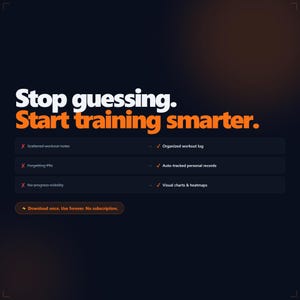 Op de afbeelding: Een digitale advertentie met een donkere achtergrond en oranje en witte tekst. De tekst luidt: "Stop met gissen. Begin slimmer te trainen." Daaronder staan opsommingstekens die functies benadrukken, zoals een georganiseerd logboek.