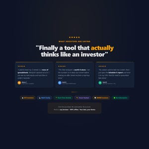 May include: Dark blue webpage with text: "Finally a tool that actually thinks like an investor." Includes customer testimonials and icons. Features include SFH investors, Multi-Family, Short-Term Rentals, House Hackers, BRRRR investors, and No Subscription.