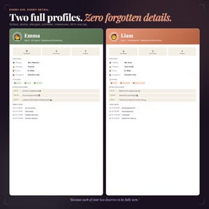 May include: A digital interface showing two child profiles, Emma and Liam, with personal information. The interface features sections for quick info, activities, and milestones, designed for easy access. The text reads "Two full profiles. Zero forgotten details."