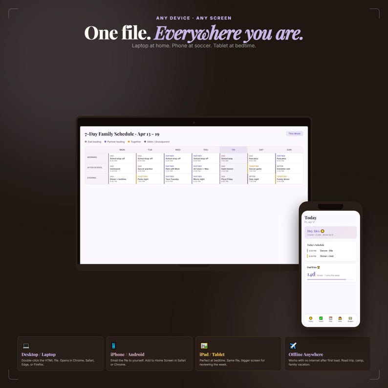 Może przedstawiać: Cyfrowy planer wyświetlany na laptopie i smartfonie. Laptop pokazuje 7-dniowy harmonogram rodzinny, a telefon wyświetla codzienny kalendarz. Tekst zawiera "One file. Everywhere you are."