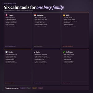 May include: A digital planner interface, featuring six tools for family organisation: Today, Calendar, Kids, Meals, Tasks, and Self-Care. The dark purple interface has white text and icons, designed for desktop, tablet, mobile, and offline use.
