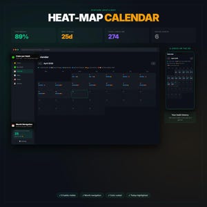 以下が含まれることがあります： 上部に「HEAT-MAP CALENDAR」というテキストが表示された、ダークテーマのデジタルカレンダーインターフェース。インターフェースは、2026年4月のカレンダーを表示し、色分けされた習慣追跡を備えています。追加データが含まれています。