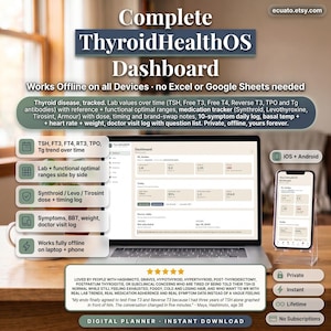 May include: A digital planner for thyroid health, displayed on a laptop and smartphone. The dashboard tracks lab values, medication, symptoms, and more. The text reads "Complete ThyroidHealthOS Dashboard" and "Instant Download."