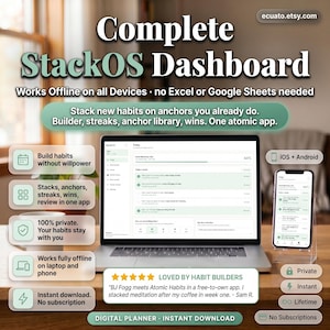 Puede incluir: Un portátil y un smartphone muestran la interfaz de la aplicación "Complete StackOS Dashboard". La imagen destaca funciones como la funcionalidad sin conexión, el seguimiento de hábitos y sin suscripción. El texto incluye "Digital Planner - Instant Download".
