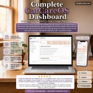 Può includere: Un laptop e uno smartphone mostrano l'app "Complete CatCareOS Dashboard". L'app è progettata per i proprietari di gatti per monitorare la salute, il peso e il comportamento. L'immagine include testo sulle caratteristiche e i vantaggi dell'app, tra cui pianificatore digitale e download immediato.
