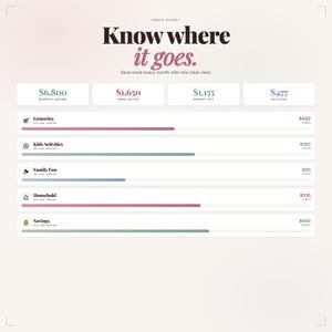 K&ouml;nnte beinhalten: Eine Finanzinfografik mit dem Text &bdquo;Know where it goes&ldquo;. Die Grafik zeigt eine Aufschl&uuml;sselung des Familienbudgets, einschlie&szlig;lich monatlichem Einkommen, Ausgaben und Restbudget. Kategorien sind Lebensmittel, Kinderaktivit&auml;ten, Familienspa&szlig;, Haushalt und Ersparnisse.