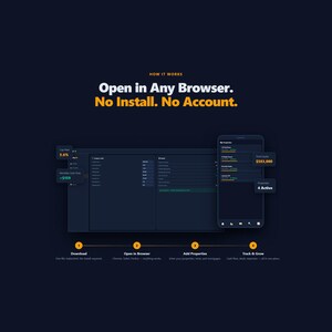 May include: Dark blue graphic with the text "Open in Any Browser. No Install. No Account." A computer screen and a smartphone display financial data. The steps are: Download, Open in Browser, Add Properties, and Track & Grow.