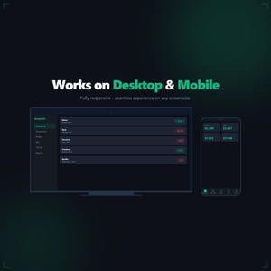 May include: A dark-themed dashboard design displayed on a desktop monitor and a mobile phone. The text "Works on Desktop & Mobile" is above the displays. The desktop shows a budget overview, and the phone displays financial data.