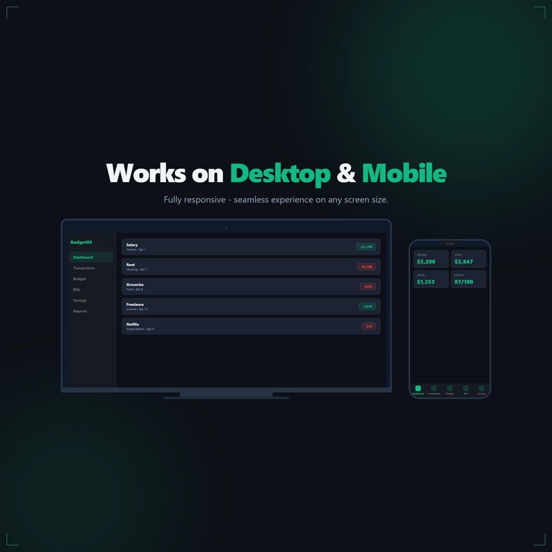 May include: A dark-themed dashboard design displayed on a desktop monitor and a mobile phone. The text "Works on Desktop & Mobile" is above the displays. The desktop shows a budget overview, and the phone displays financial data.