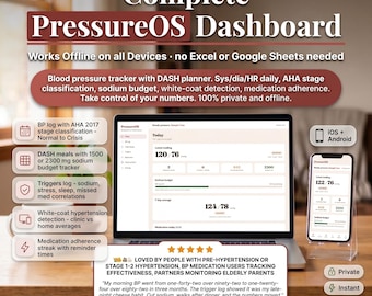 Blood Pressure Tracker Planner - BP Log, AHA Stage Classification, DASH Meals, Sodium Budget, Medication Tracker - Works on Desktop & Mobile