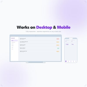 Puede incluir: Una interfaz digital que se muestra en un monitor de escritorio y un tel&eacute;fono inteligente. La pantalla del escritorio muestra una lista de tareas, mientras que el tel&eacute;fono muestra un rastreador de progreso. El texto dice "Funciona en escritorio y m&oacute;vil" y "Totalmente adaptable".