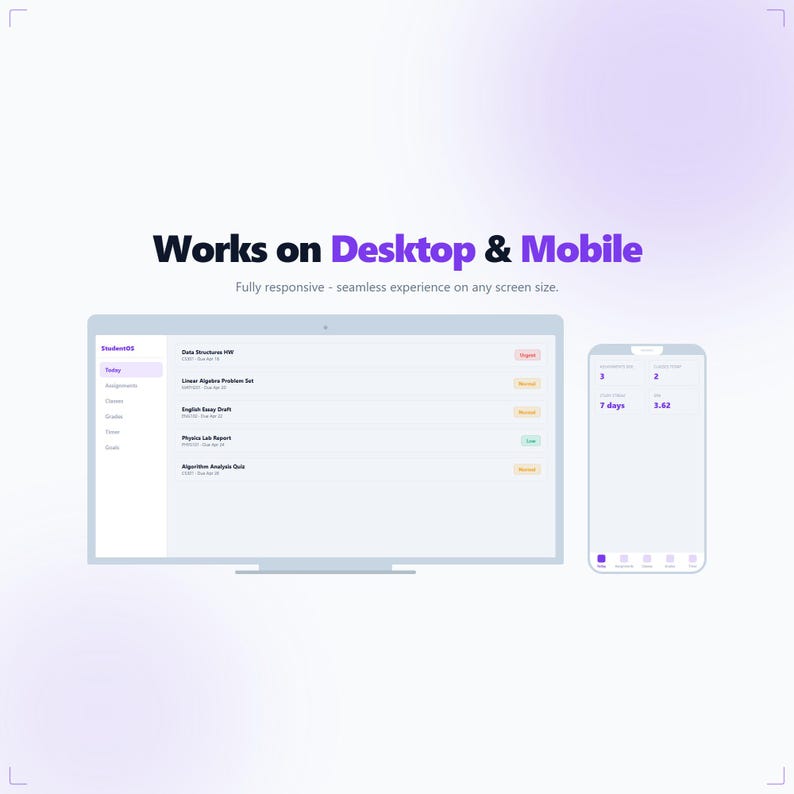 Puede incluir: Una interfaz digital que se muestra en un monitor de escritorio y un tel&eacute;fono inteligente. La pantalla del escritorio muestra una lista de tareas, mientras que el tel&eacute;fono muestra un rastreador de progreso. El texto dice "Funciona en escritorio y m&oacute;vil" y "Totalmente adaptable".