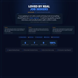 May include: A dark blue graphic with the text "LOVED BY REAL JOB SEEKERS" and customer testimonials. The image highlights features like offline functionality, private data, and mobile access. It also shows the number of modules, application statuses, and offline work.