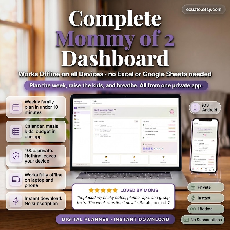 May include: A laptop and smartphone show a digital planner interface. The screen displays a dashboard with calendar, meal planning, and budget features. Text reads "Complete Mommy of 2 Dashboard" and "Digital Planner - Instant Download."