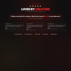 Peut inclure: Une page web avec le titre "LOVED BY CREATORS" et des &eacute;valuations par &eacute;toiles. Elle comprend des t&eacute;moignages d'utilisateurs, soulignant des fonctionnalit&eacute;s telles qu'un suivi des offres de marque et un calendrier de contenu. La page mentionne &eacute;galement "Achat unique" et "Mobile-friendly."