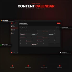 Peut inclure: Interface de calendrier num&eacute;rique sombre avec le texte "CONTENT CALENDAR" en rouge. L'interface affiche une vue mensuelle avec des fonctions de planification, un suivi de statut et une prise en charge multiplateforme. L'image met en &eacute;vidence la planification des publications.