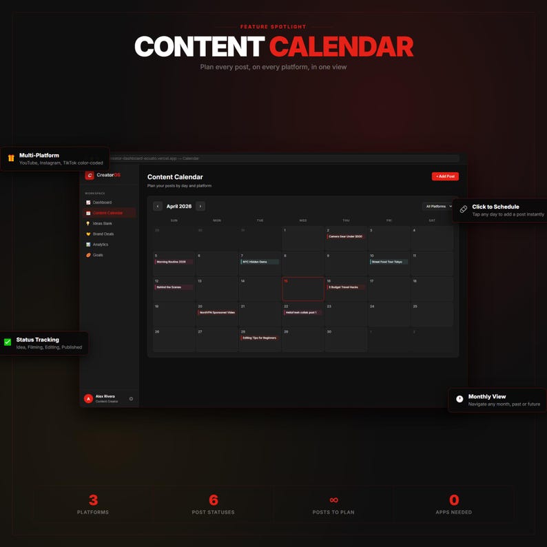 Peut inclure: Interface de calendrier num&eacute;rique sombre avec le texte "CONTENT CALENDAR" en rouge. L'interface affiche une vue mensuelle avec des fonctions de planification, un suivi de statut et une prise en charge multiplateforme. L'image met en &eacute;vidence la planification des publications.