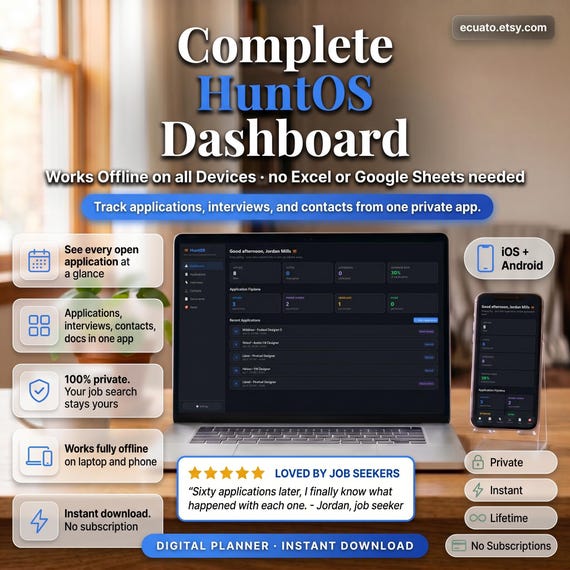 Job Search Tracker App – Interactive HTML, Offline Application Organizer (Digital Download)