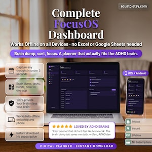 K&ouml;nnte beinhalten: Ein Laptop und ein Smartphone zeigen das FocusOS Dashboard, einen digitalen Planer f&uuml;r ADHS-Gehirne. Das Bild hebt Funktionen wie Offline-Nutzung, sofortigen Download und Datenschutz hervor. Der Text enth&auml;lt "Brain dump, sort, focus" und "Loved by ADHD brains."