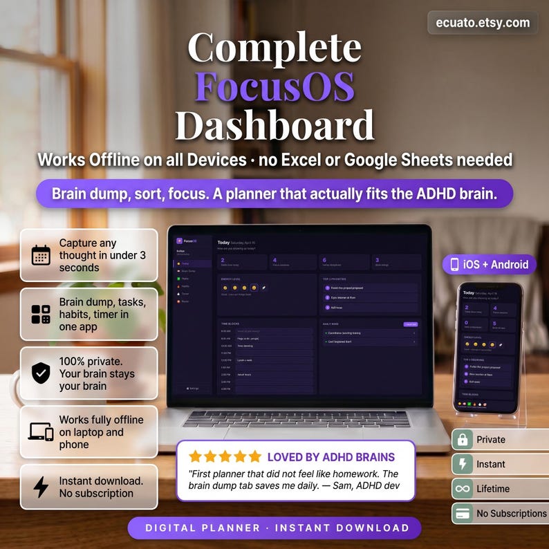 K&ouml;nnte beinhalten: Ein Laptop und ein Smartphone zeigen das FocusOS Dashboard, einen digitalen Planer f&uuml;r ADHS-Gehirne. Das Bild hebt Funktionen wie Offline-Nutzung, sofortigen Download und Datenschutz hervor. Der Text enth&auml;lt "Brain dump, sort, focus" und "Loved by ADHD brains."