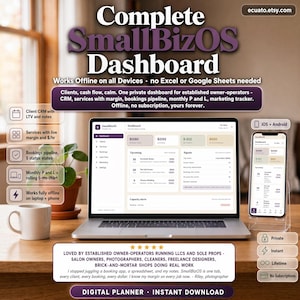 Puede incluir: Un portátil y un smartphone muestran la interfaz "Complete SmallBizOS Dashboard". La imagen muestra funciones como CRM de clientes, canalización de reservas y gráficos mensuales de pérdidas y ganancias. El texto destaca la funcionalidad sin conexión y la descarga instantánea.