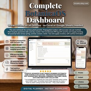 May include: A digital planner displayed on a laptop and smartphone, showcasing the "Complete BotanicaOS Dashboard." The interface includes features for plant care, propagation, and pest management. Text highlights offline functionality and instant download.