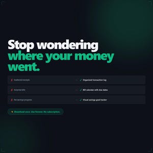 May include: Dark green graphic with white and green text that reads "Stop wondering where your money went." Features a list of financial organization tools, including an organized transaction log and a visual savings goal tracker.