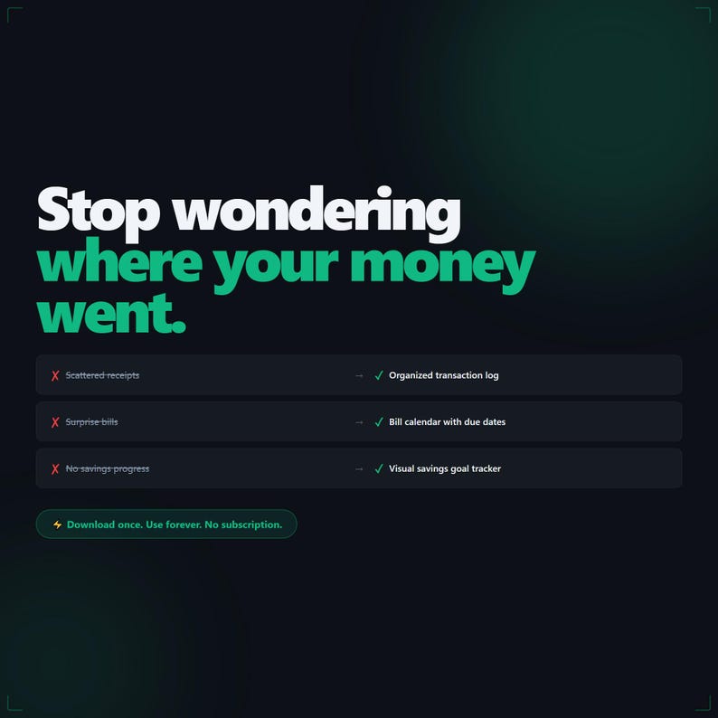 May include: Dark green graphic with white and green text that reads "Stop wondering where your money went." Features a list of financial organization tools, including an organized transaction log and a visual savings goal tracker.