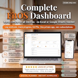 Op de afbeelding: Een laptop en smartphone tonen het FitOS Dashboard, een digitale workoutplanner. De afbeelding bevat de tekst "Complete FitOS Dashboard" en benadrukt functies zoals offline gebruik, workout tracking en direct downloaden. De website is ecuato.etsy.com.