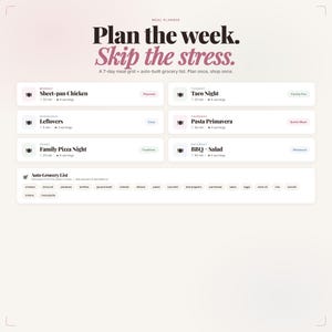 K&ouml;nnte beinhalten: Ein Essensplaner mit dem Text "Plane die Woche. Vermeide Stress." Der Planer enth&auml;lt ein 7-Tage-Essensraster und eine automatisch erstellte Einkaufsliste. Zu den Mahlzeiten geh&ouml;ren Sheet-pan Chicken, Taco Night, Leftovers, Pasta Primavera, Family Pizza Night und BBQ + Salad.