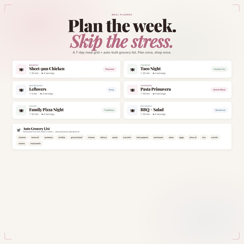 K&ouml;nnte beinhalten: Ein Essensplaner mit dem Text "Plane die Woche. Vermeide Stress." Der Planer enth&auml;lt ein 7-Tage-Essensraster und eine automatisch erstellte Einkaufsliste. Zu den Mahlzeiten geh&ouml;ren Sheet-pan Chicken, Taco Night, Leftovers, Pasta Primavera, Family Pizza Night und BBQ + Salad.