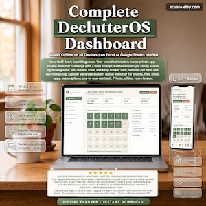 Può includere: Un laptop e uno smartphone mostrano l'interfaccia "Complete DeclutterOS Dashboard". Lo schermo mostra un'app di decluttering con un calendario, categorie e suggerimenti. L'immagine include anche icone per funzionalità come la valutazione KonMari.