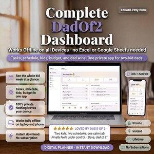 Może przedstawiać: Laptop i smartfon prezentują aplikację "Complete DadOf2 Dashboard". Ten cyfrowy planer, przeznaczony dla ojc&oacute;w dw&oacute;jki dzieci, oferuje zarządzanie zadaniami, harmonogramem i budżetem. Aplikacja jest dostępna na iOS i Androida, z natychmiastowym pobieraniem.