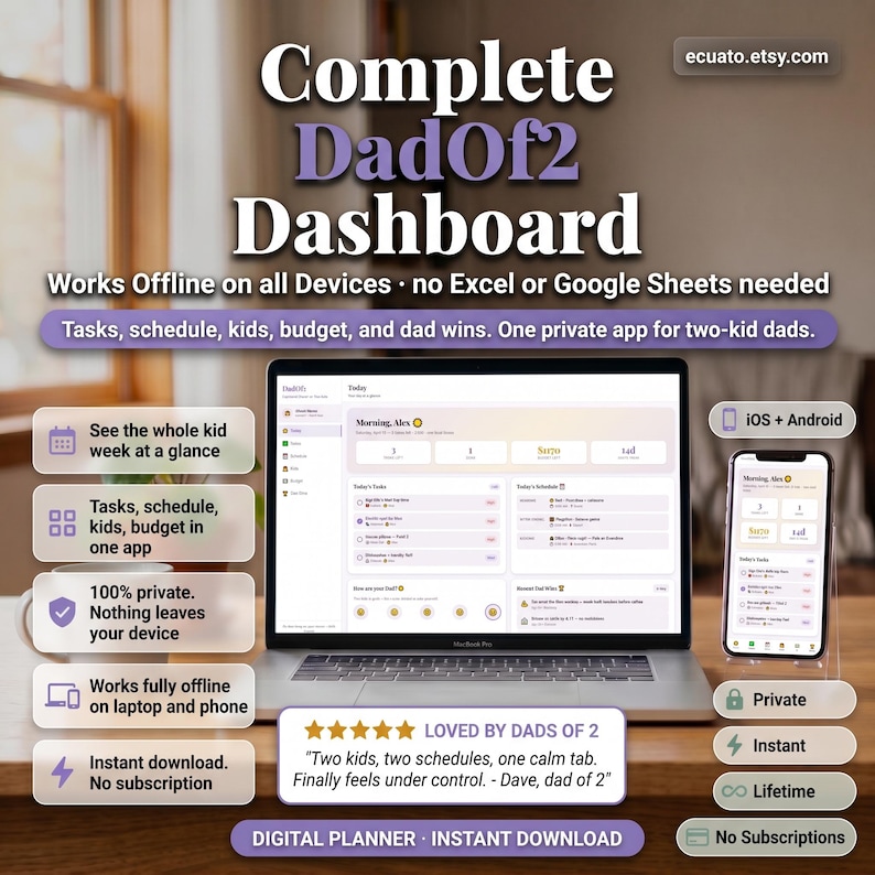 Może przedstawiać: Laptop i smartfon prezentują aplikację "Complete DadOf2 Dashboard". Ten cyfrowy planer, przeznaczony dla ojc&oacute;w dw&oacute;jki dzieci, oferuje zarządzanie zadaniami, harmonogramem i budżetem. Aplikacja jest dostępna na iOS i Androida, z natychmiastowym pobieraniem.