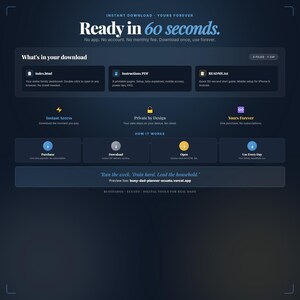 May include: A dark blue digital product download page with the text "Ready in 60 seconds." and "Yours Forever." The page includes sections for download details, instructions, and how it works. The product is for real dads.
