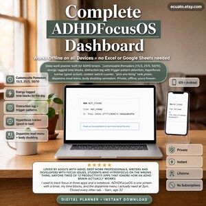 Könnte beinhalten: Ein digitaler Planer, das ADHDFocusOS Dashboard, wird auf einem Laptop und einem Smartphone angezeigt. Der Bildschirm zeigt einen 404-Fehler. Das Bild enthält Funktionen wie anpassbare Pomodoro-Timer, energiegetaggte Zeitblöcke und einen Hyperfokus-Tracker.