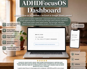 ADHD Focus Planner, Time Blocking, Distraction Log, Hyperfocus Tracker (Offline)