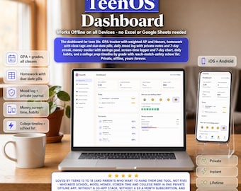Panel de control TeenOS para adolescentes: promedio de calificaciones, tareas, estado de ánimo, finanzas, preparación universitaria (descarga digital)
