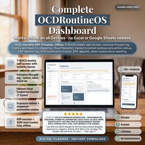 Op de afbeelding: Een laptop en smartphone tonen de digitale planner "OCDRoutineOS Dashboard". Het scherm toont een gebruikersinterface met secties voor het volgen van opdringerige gedachten, rituelen en ERP-sessies. De tekst "Digital Planner - Instant Download" is inbegrepen.