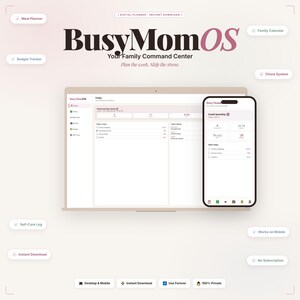 K&ouml;nnte beinhalten: Ein digitaler Planer namens "BusyMomOS" wird auf einem Laptop und Smartphone angezeigt. Die Oberfl&auml;che umfasst Optionen f&uuml;r Essensplanung, Budgetverfolgung und Familienkalender. Der Text "Your Family Command Center" ist ebenfalls sichtbar.
